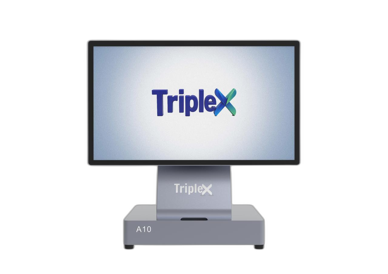 TripleXPOS tap-to-pay terminal glowing with the TripleX X hologram