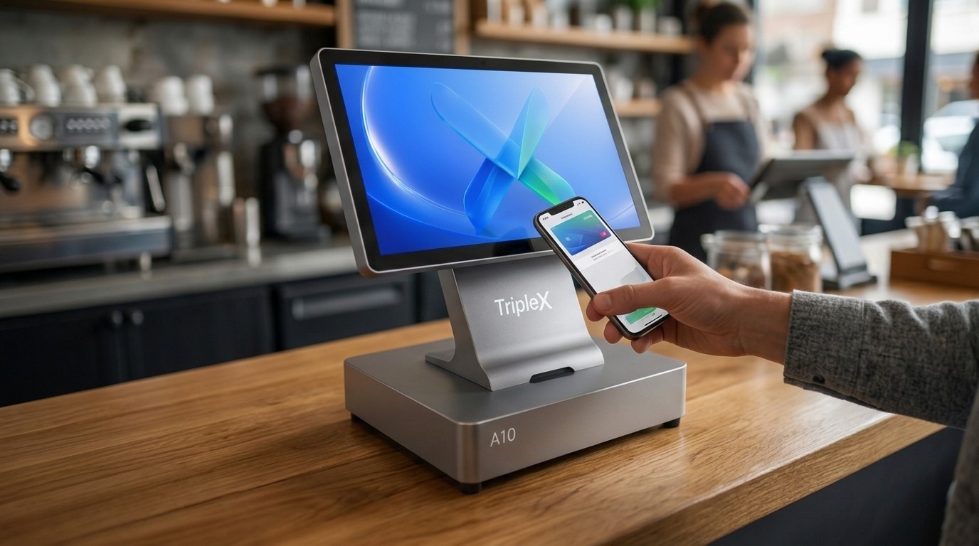 TripleX A10 terminal accepting a contactless mobile payment at a café counter