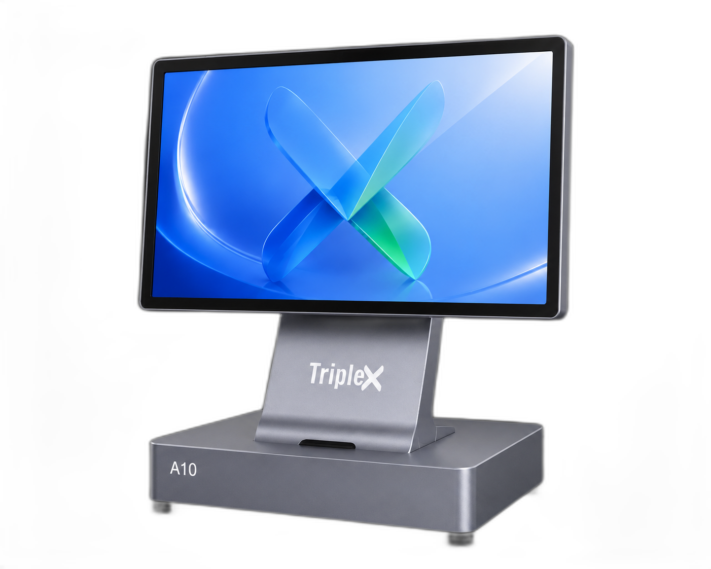 TripleXPOS tap-to-pay terminal glowing with the TripleX X hologram